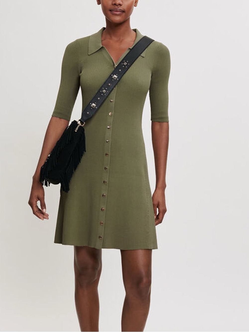 Maje Paris Olive Green Ribbed Knit Button Front Polo Mini Dress Size 40/US Small